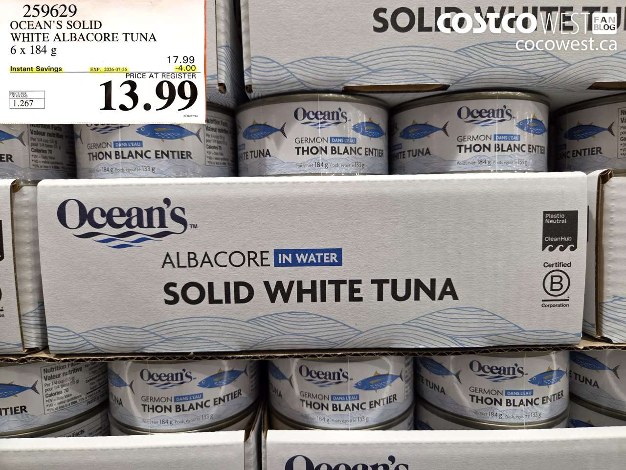 259629 OCEAN'S SOLID WHITE ALBACORE TUNA 6 X 184 G ($4.00 INSTANT SAVINGS EXPIRES ON 2026-07-26) $13.99