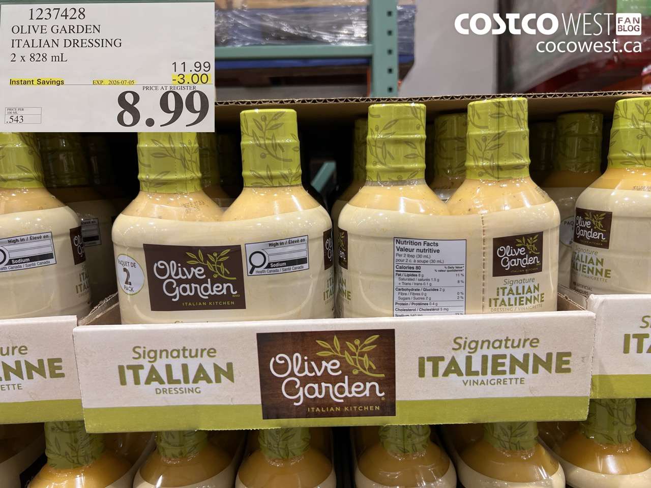 1237428 OLIVE GARDEN ITALIAN DRESSING 2 X 828 ML ($3.00 INSTANT SAVINGS EXPIRES ON 2026-07-05) $8.99