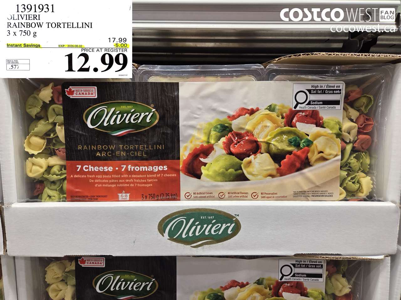 1391931 OLIVIERI RAINBOW TORTELLINI 3 X 750 G ($5.00 INSTANT SAVINGS EXPIRES ON 2026-08-02) $12.99