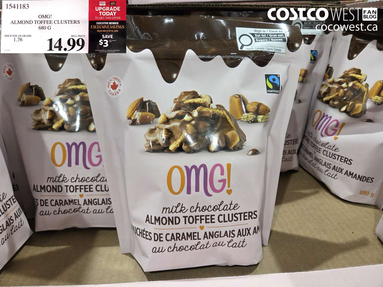 1541183 OMG! ALMOND TOFFEE CLUSTERS 680 G ($3.00 INSTANT SAVINGS EXPIRES ON 2026-07-19) $11.99