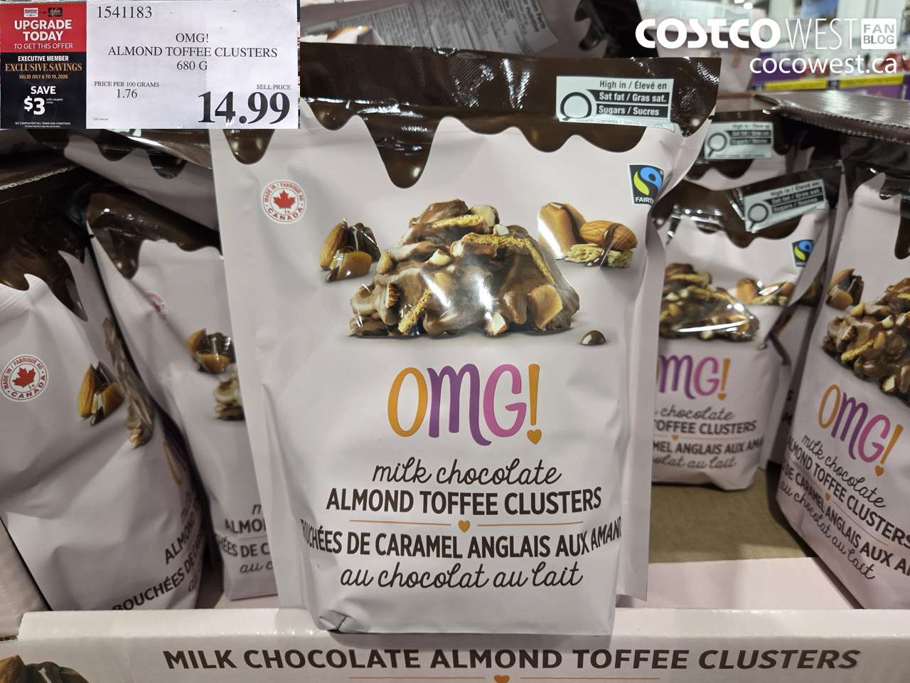 1541183 OMG! ALMOND TOFFEE CLUSTERS 680 G ($3.00 INSTANT SAVINGS EXPIRES ON 2026-07-19) $11.99
