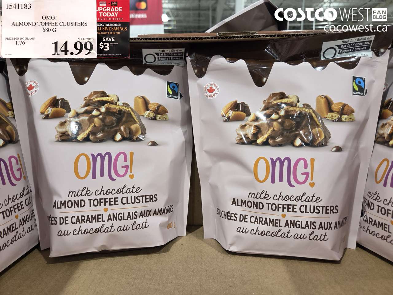 1541183 OMG! ALMOND TOFFEE CLUSTERS 680 G ($3.00 INSTANT SAVINGS EXPIRES ON 2026-07-19) $11.99