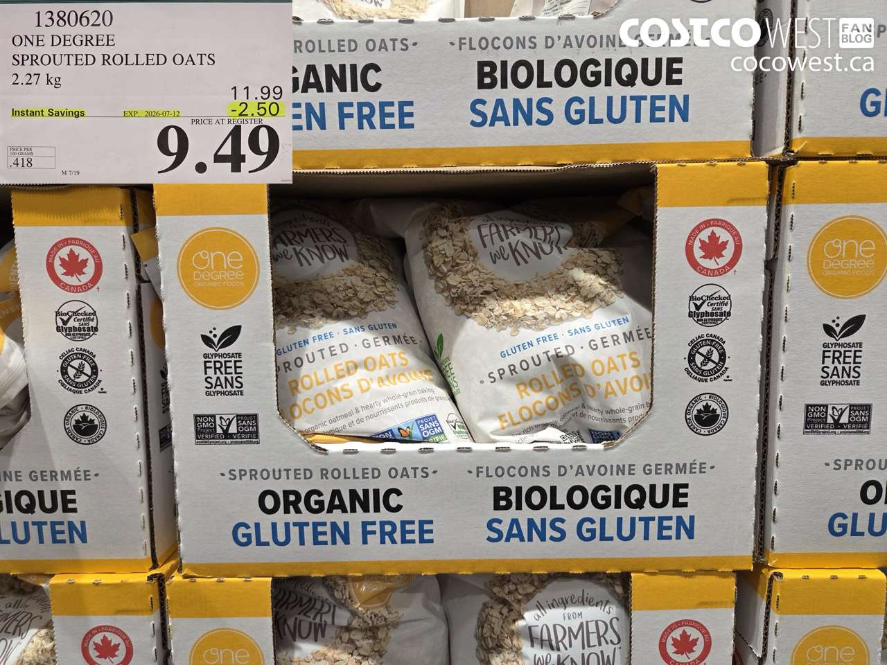 1380620 ONE DEGREE SPROUTED ROLLED OATS 2.27 KG ($2.50 INSTANT SAVINGS EXPIRES ON 2026-07-12) $9.49