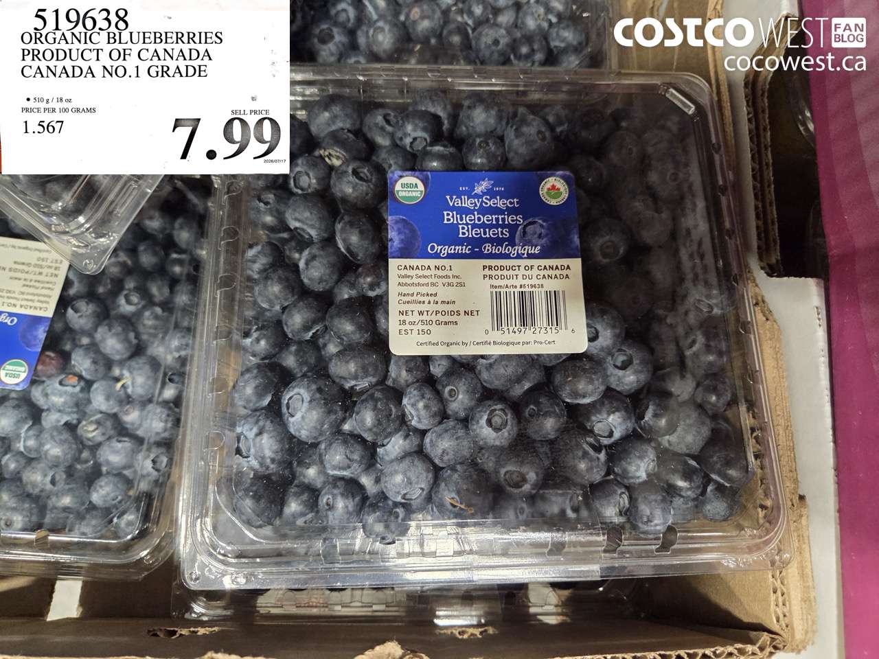 519638 ORGANIC BLUEBERRIES PRODUCT OF CANADA CANADA NO.1 GRADE $7.99