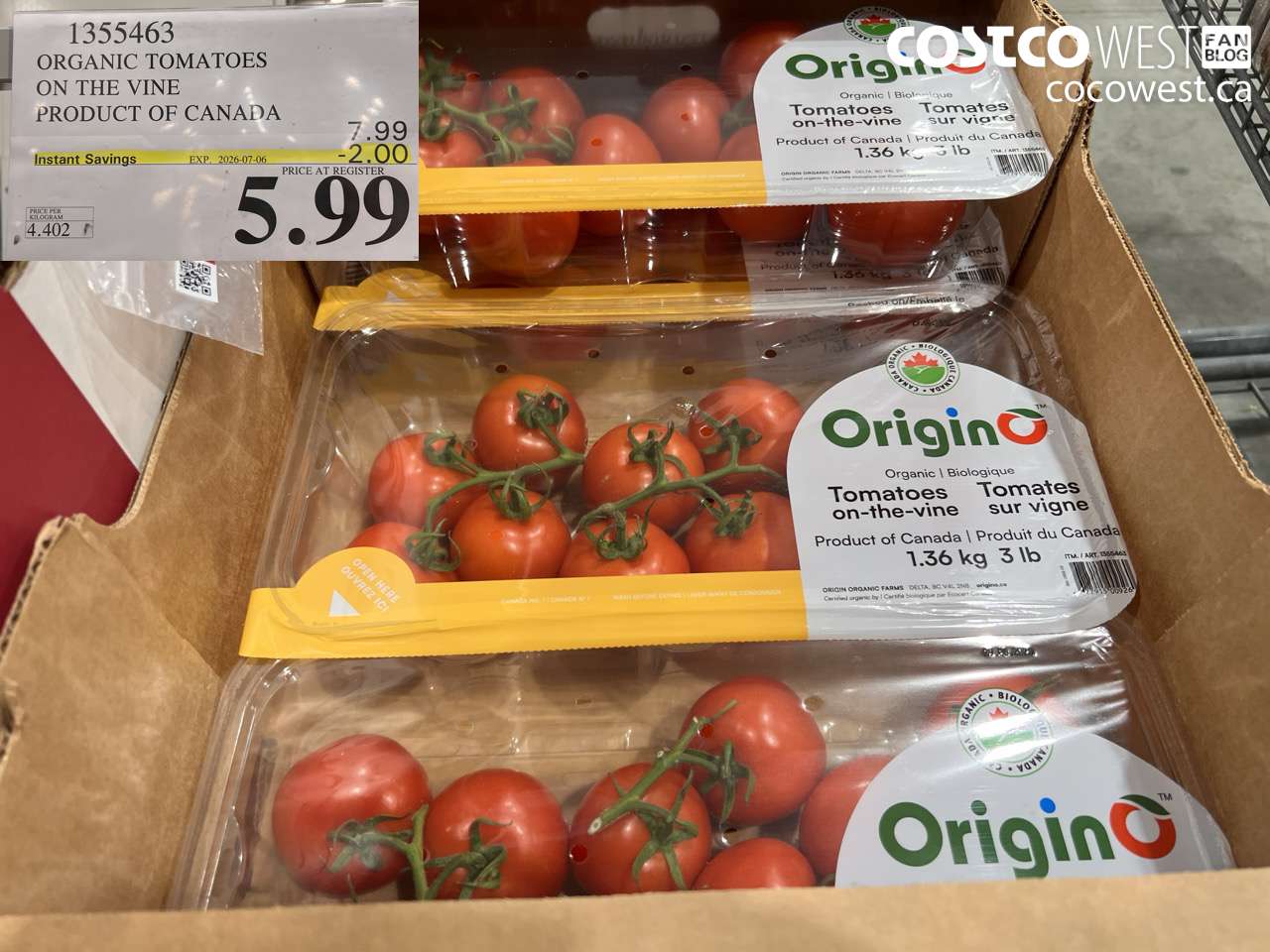 1355463 ORGANIC TOMATOES ON THE VINE PRODUCT OF CANADA ($2.00 INSTANT SAVINGS EXPIRES ON 2026-07-06) $5.99