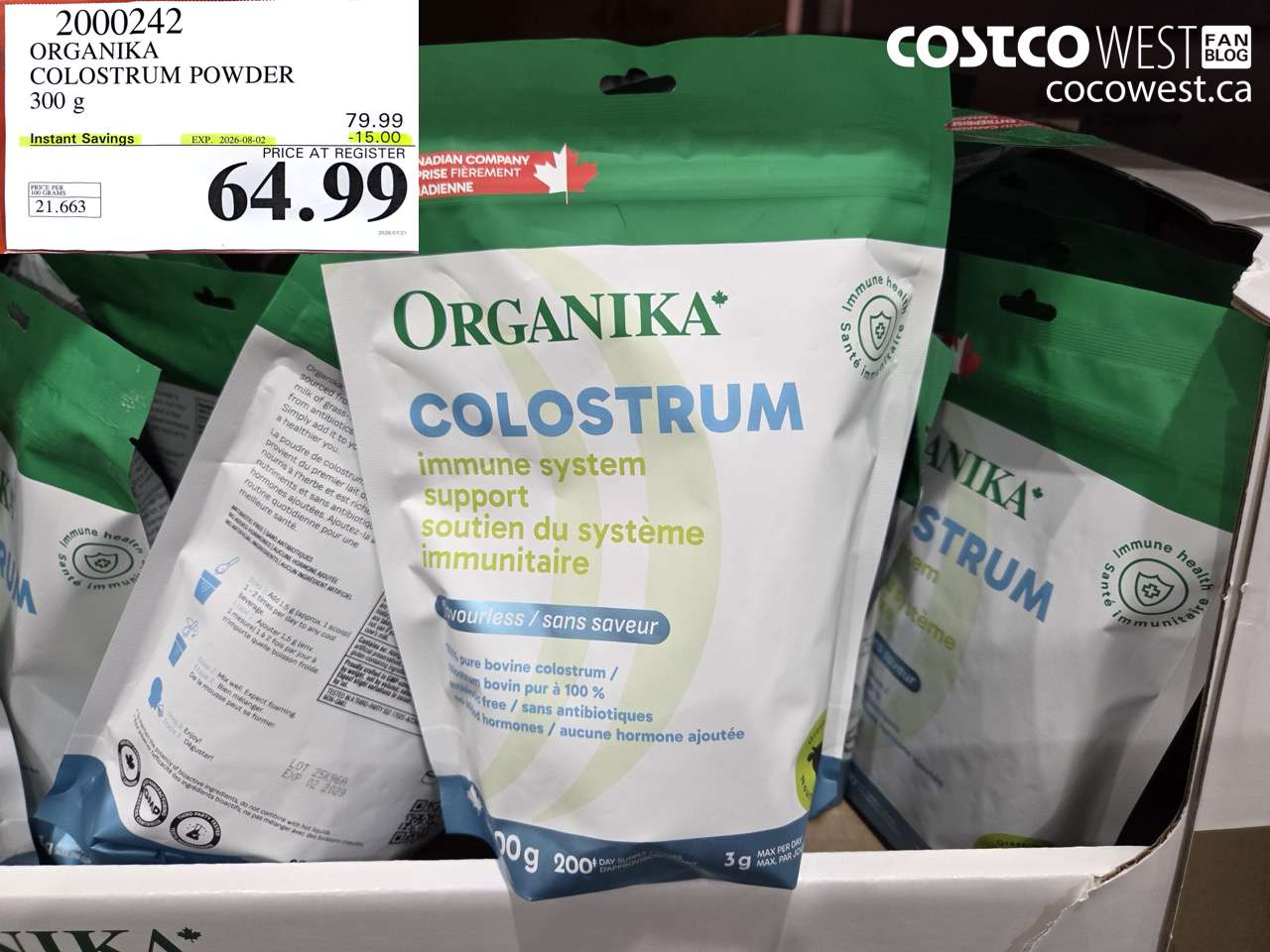 2000242 ORGANIKA COLOSTRUM POWDER 300 G ($15.00 INSTANT SAVINGS EXPIRES ON 2026-08-02) $64.99