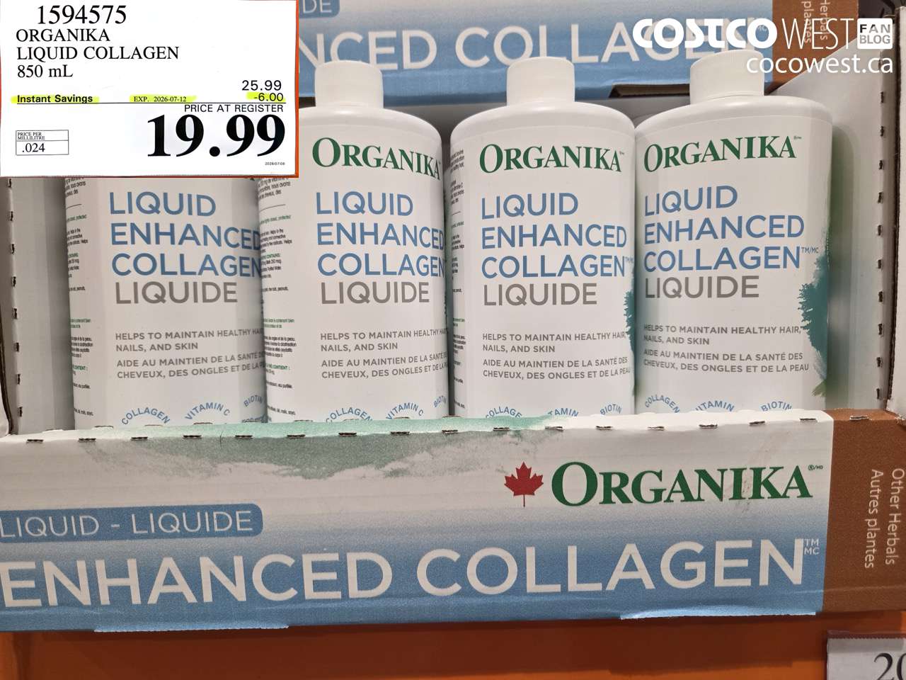 1594575 ORGANIKA LIQUID COLLAGEN 850 ML ($6.00 INSTANT SAVINGS EXPIRES ON 2026-07-12) $19.99