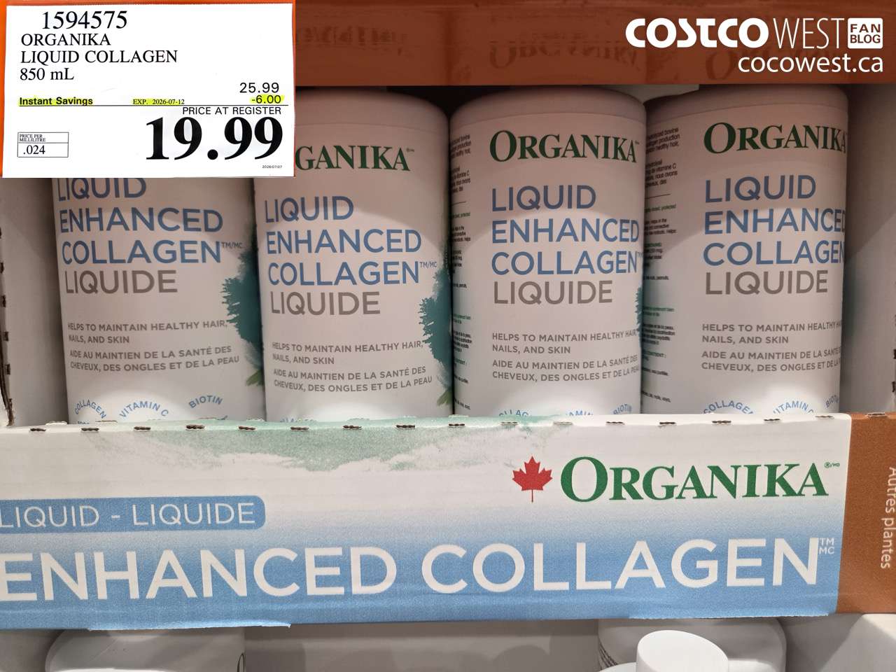 1594575 ORGANIKA LIQUID COLLAGEN 850 ML ($6.00 INSTANT SAVINGS EXPIRES ON 2026-07-12) $19.99