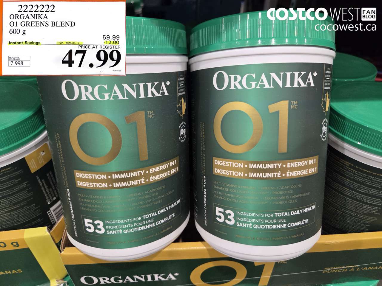2222222 ORGANIKA O1 GREENS BLEND 600 G ($12.00 INSTANT SAVINGS EXPIRES ON 2026-07-19) $47.99