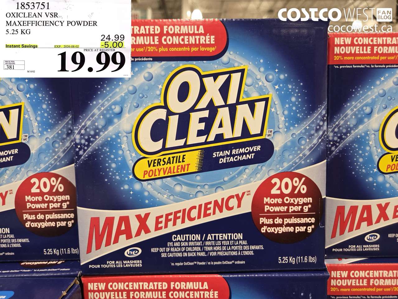1853751 OXICLEAN VSR MAXEFFICIENCY POWDER 5.25 KG ($5.00 INSTANT SAVINGS EXPIRES ON 2026-08-02) $19.99