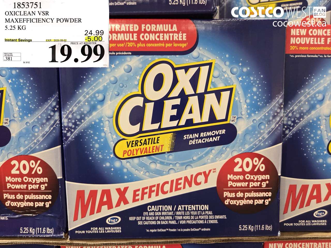 1853751 OXICLEAN VSR MAXEFFICIENCY POWDER 5.25 KG ($5.00 INSTANT SAVINGS EXPIRES ON 2026-08-02) $19.99