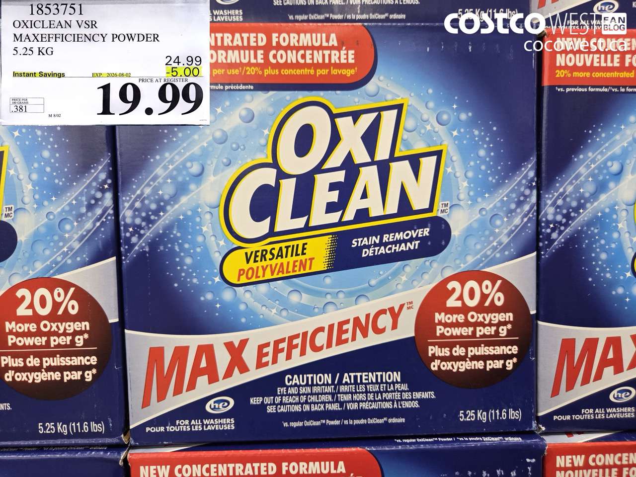 1853751 OXICLEAN VSR MAXEFFICIENCY POWDER 5.25 KG ($5.00 INSTANT SAVINGS EXPIRES ON 2026-08-02) $19.99