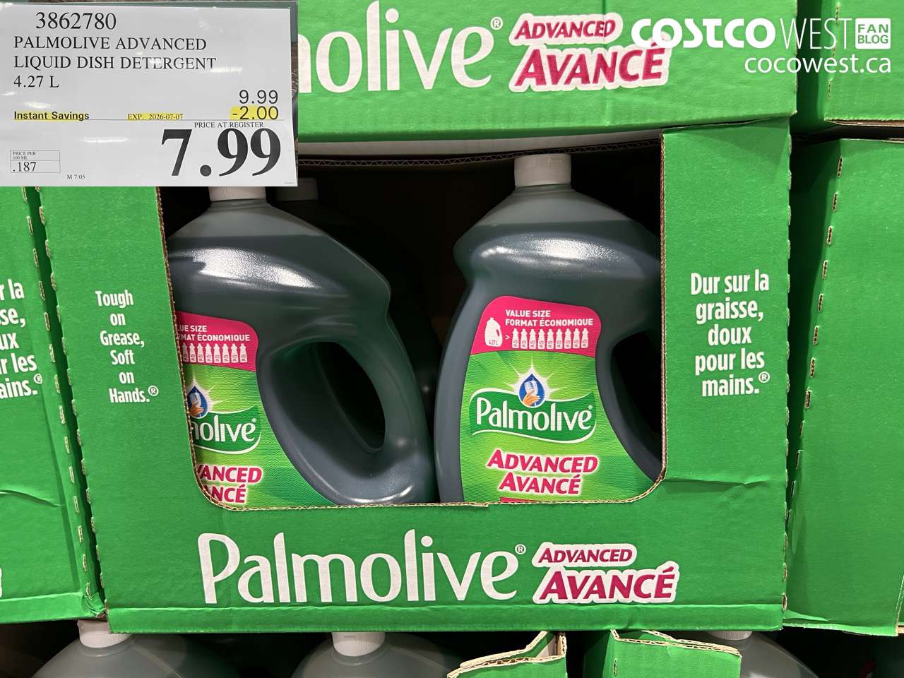3862780 PALMOLIVE ADVANCED LIQUID DISH DETERGENT 4.27 L ($2.00 INSTANT SAVINGS EXPIRES ON 2026-07-07) $7.99