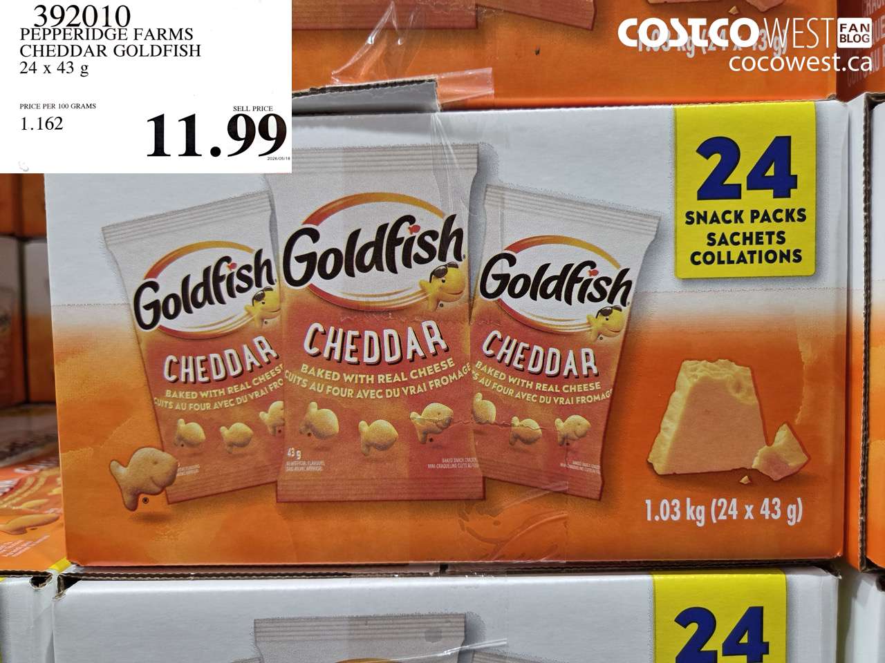 392010 PEPPERIDGE FARMS CHEDDAR GOLDFISH 24 X 43 G $11.99
