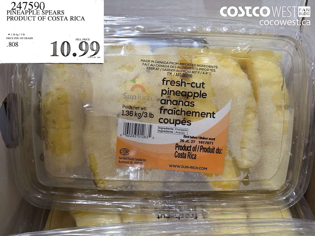 247590 PINEAPPLE SPEARS PRODUCT OF COSTA RICA $10.99