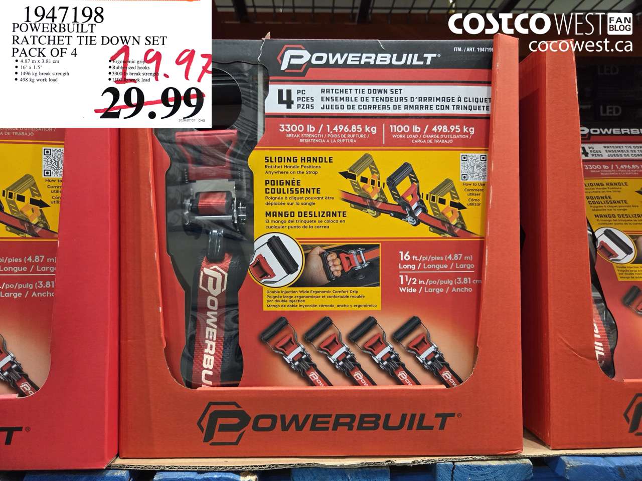 1947198 POWERBUILT RATCHET TIE DOWN SET PACK OF 4 $19.97