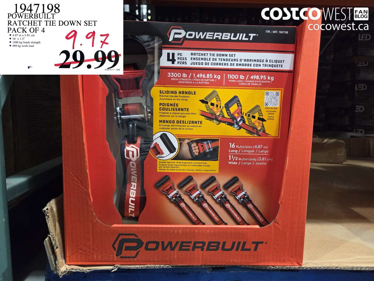 1947198 POWERBUILT RATCHET TIE DOWN SET PACK OF 4 $9.97