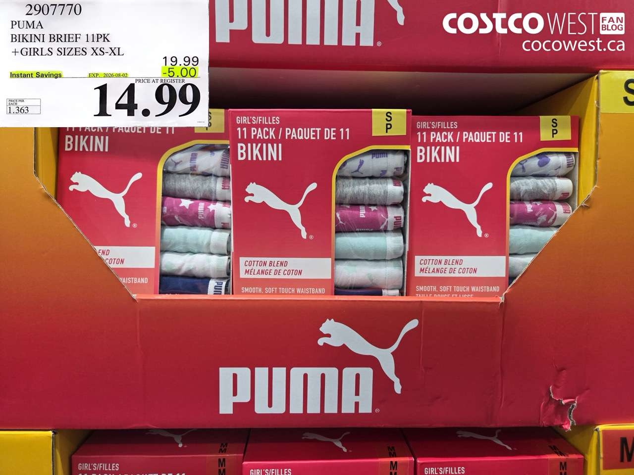 2907770 PUMA BIKINI BRIEF 11PK +GIRLS SIZES XS-XL ($5.00 INSTANT SAVINGS EXPIRES ON 2026-08-02) $14.99