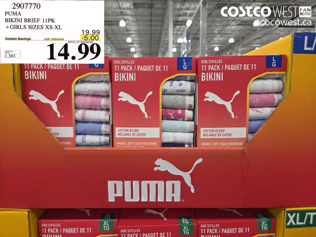 2907770 PUMA BIKINI BRIEF 11PK GIRLS SIZES XS-XL ($5.00 INSTANT SAVINGS EXPIRES ON 2026-08-02) $14.99