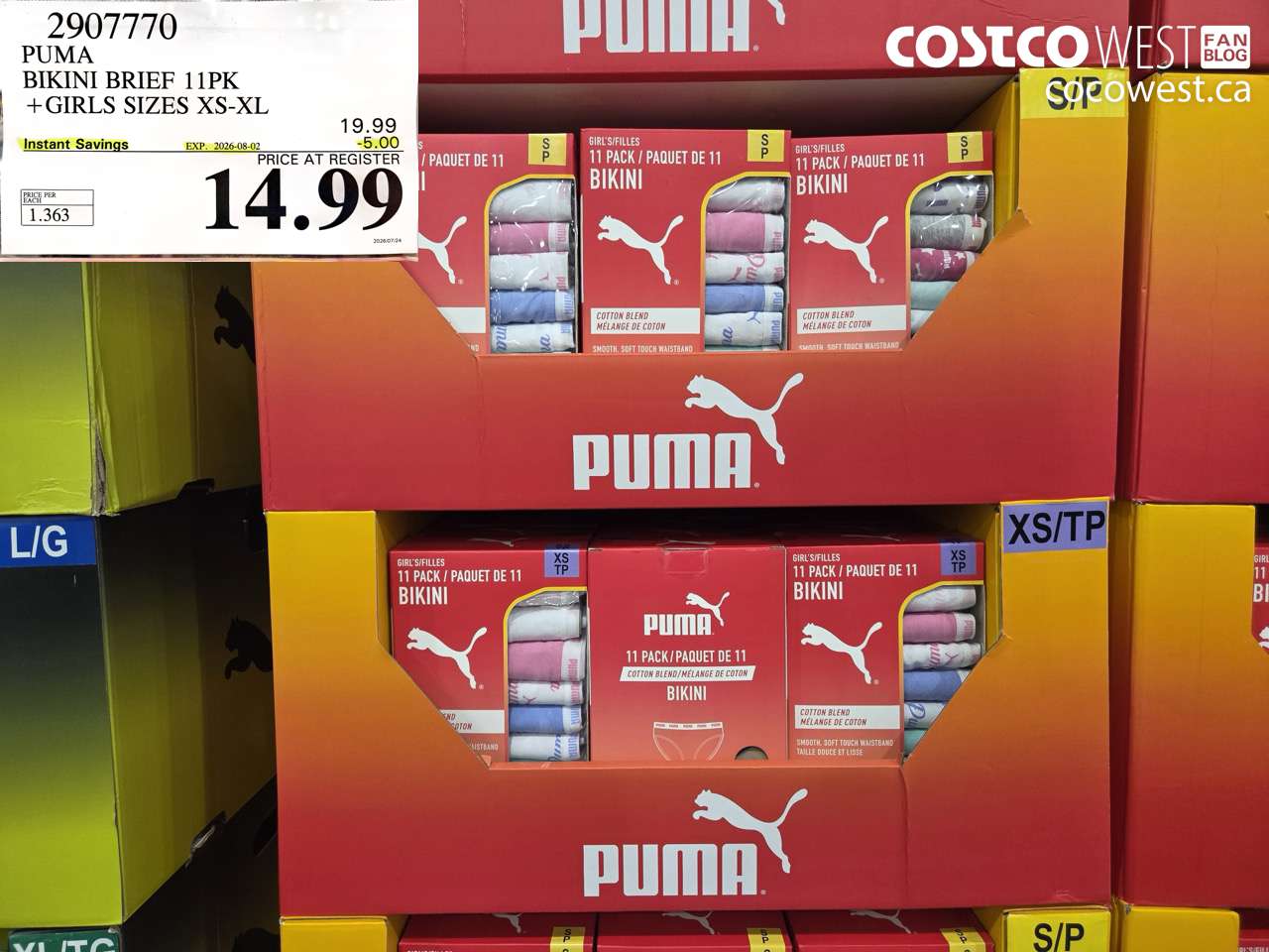 2907770 PUMA BIKINI BRIEF 11PK + GIRLS SIZES XS-XL ($5.00 INSTANT SAVINGS EXPIRES ON 2026-08-02) $14.99
