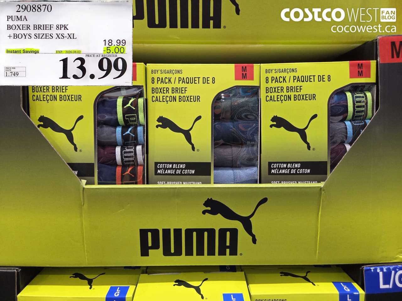 2908870 PUMA BOXER BRIEF 8PK +BOYS SIZES XS-XL ($5.00 INSTANT SAVINGS EXPIRES ON 2026-08-02) $13.99