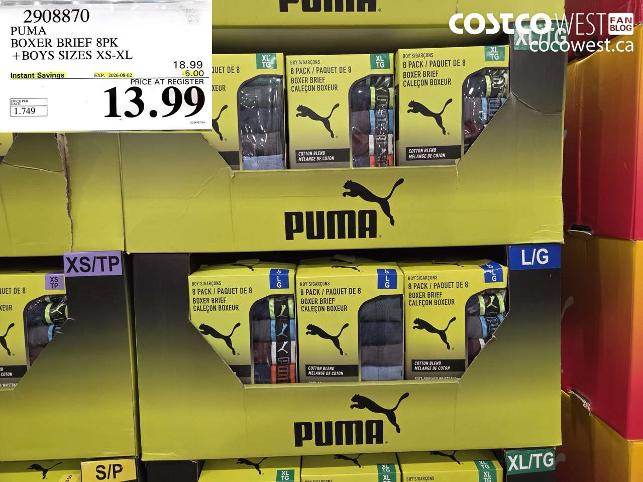 2908870 PUMA BOXER BRIEF 8PK + BOYS SIZES XS-XL ($5.00 INSTANT SAVINGS EXPIRES ON 2026-08-02) $13.99