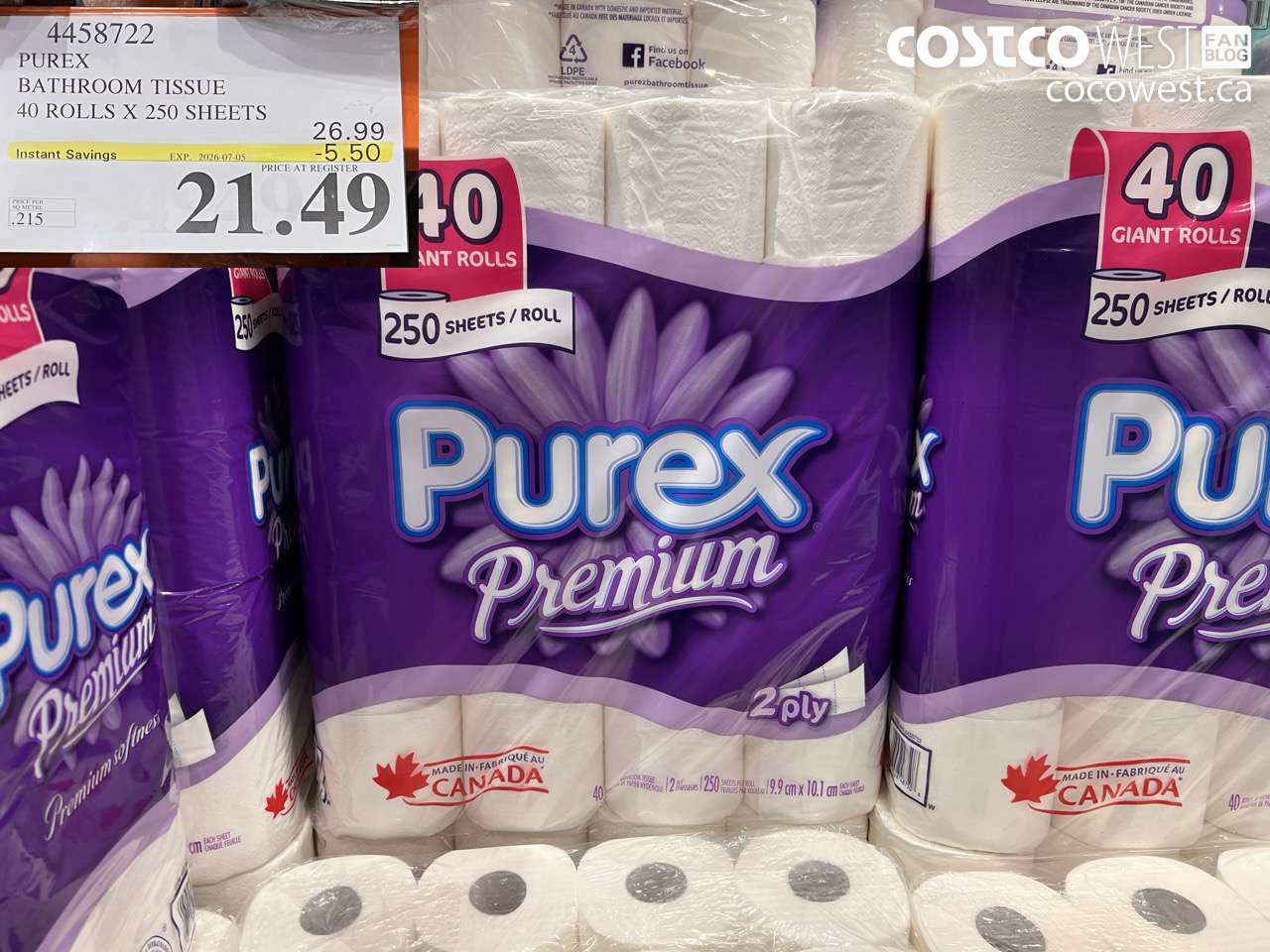 4458722 PUREX BATHROOM TISSUE 40 ROLLS X 250 SHEETS ($5.50 INSTANT SAVINGS EXPIRES ON 2026-07-05) $21.49