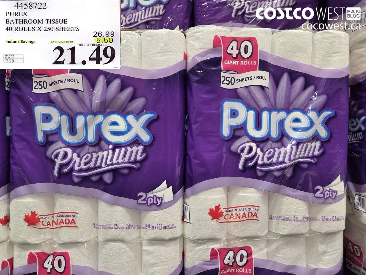 4458722 PUREX BATHROOM TISSUE 40 ROLLS X 250 SHEETS ($5.50 INSTANT SAVINGS EXPIRES ON 2026-08-02) $21.49