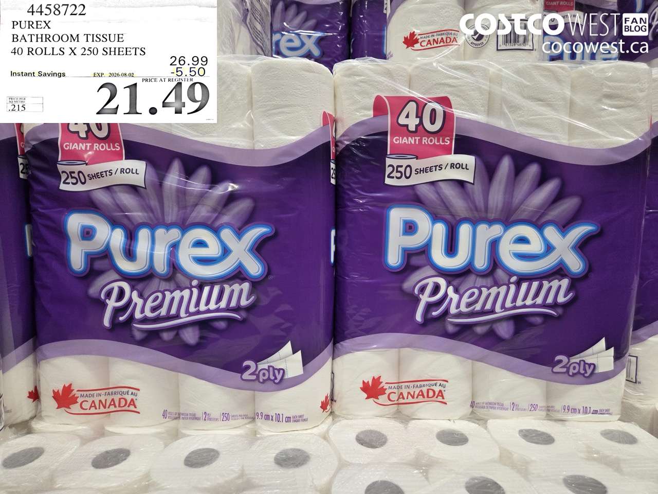 4458722 PUREX BATHROOM TISSUE 40 ROLLS X 250 SHEETS ($5.50 INSTANT SAVINGS EXPIRES ON 2026-08-02) $21.49