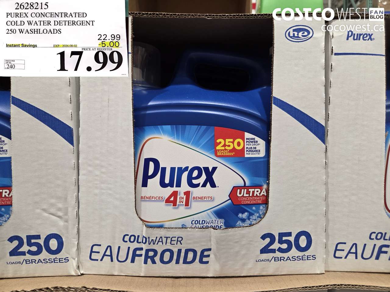 2628215 PUREX CONCENTRATED COLD WATER DETERGENT 250 WASHLOADS ($5.00 INSTANT SAVINGS EXPIRES ON 2026-08-02) $17.99