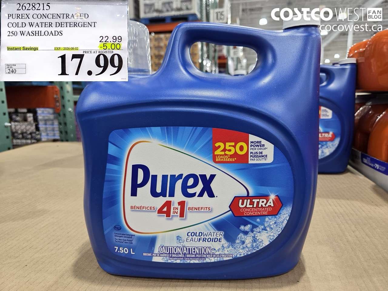 2628215 PUREX CONCENTRATED COLD WATER DETERGENT 250 WASHLOADS ($5.00 INSTANT SAVINGS EXPIRES ON 2026-08-02) $17.99