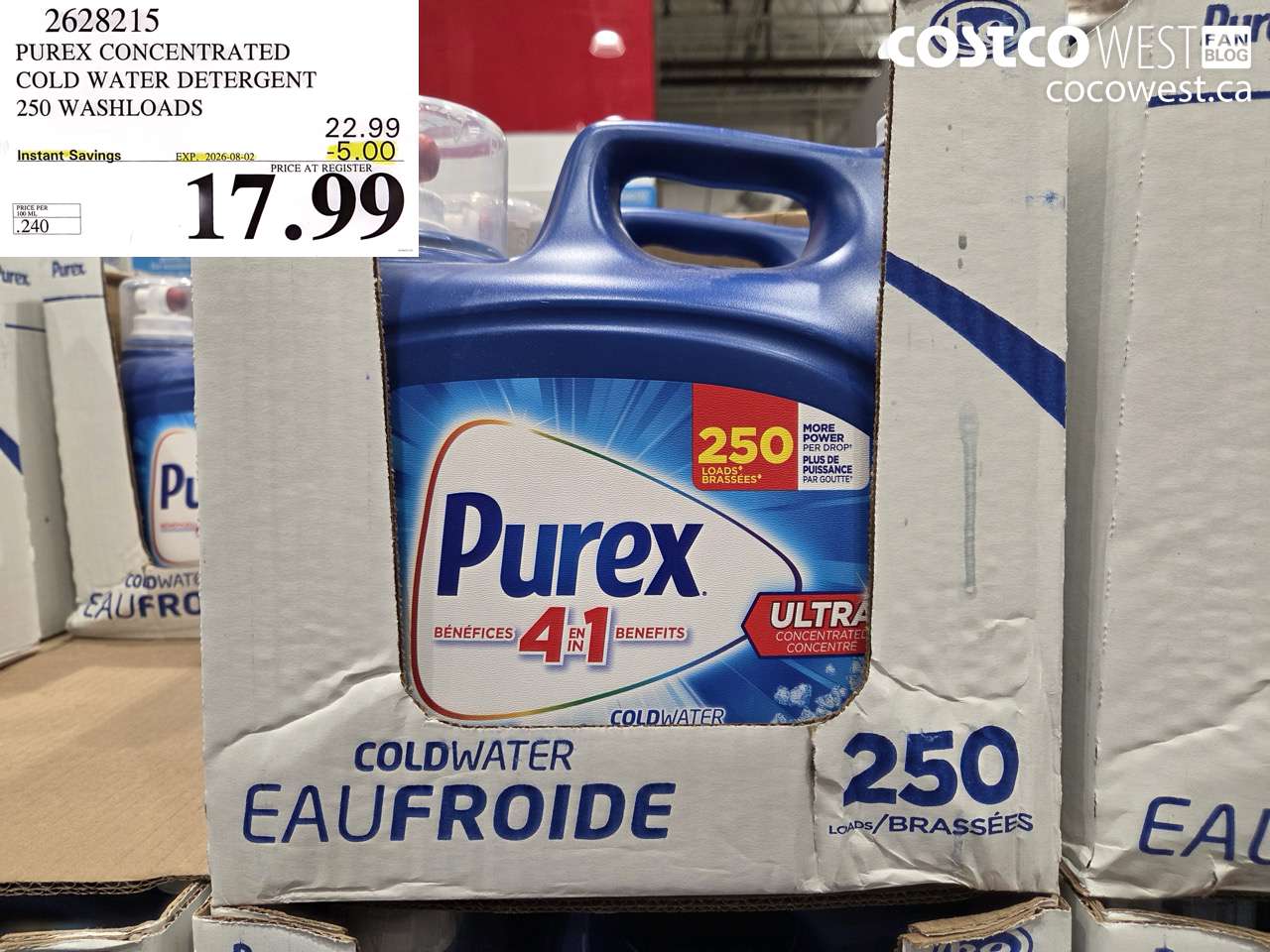 2628215 PUREX CONCENTRATED COLD WATER DETERGENT 250 WASHLOADS ($5.00 INSTANT SAVINGS EXPIRES ON 2026-08-02) $17.99