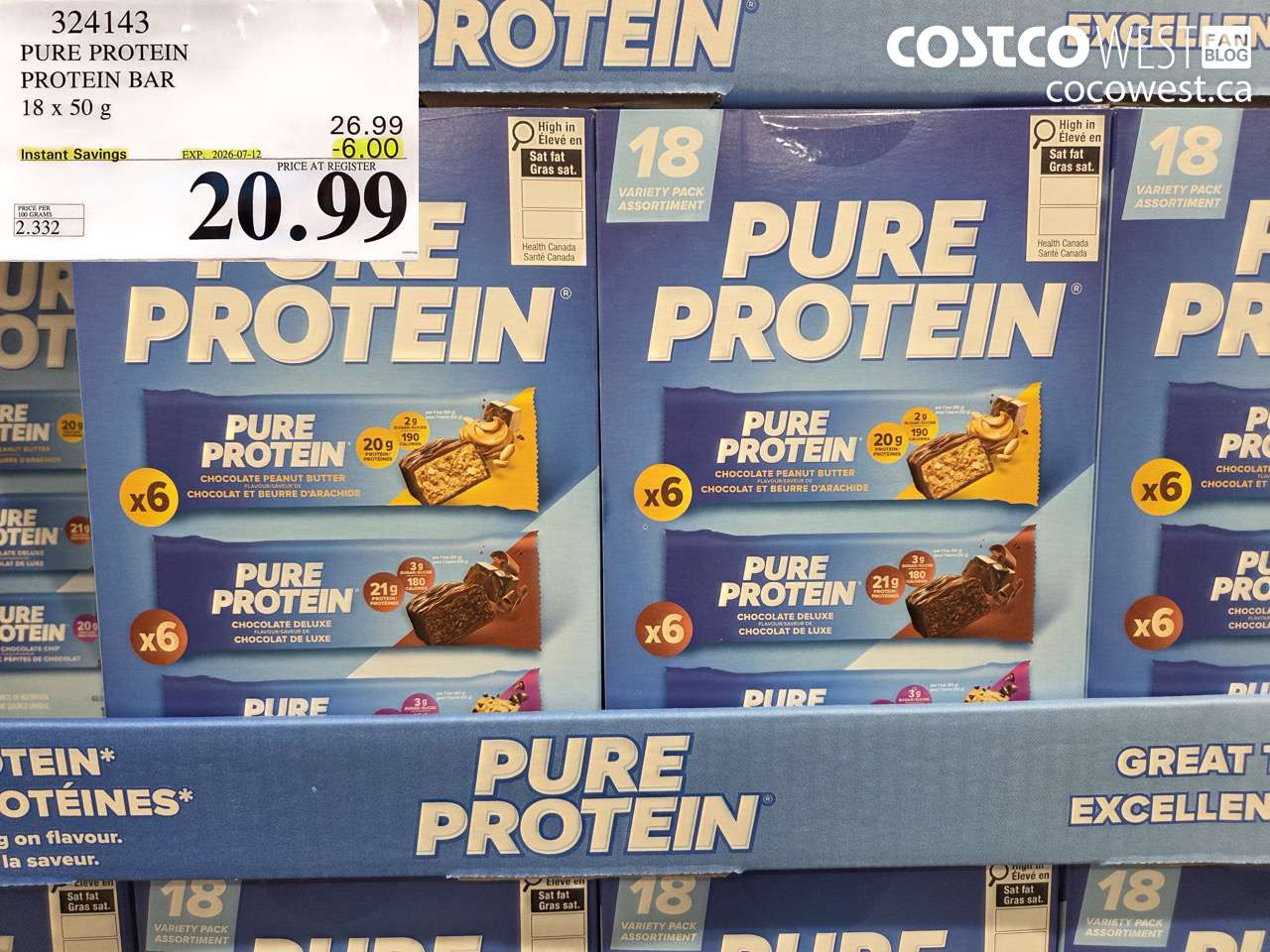 324143 PURE PROTEIN PROTEIN BAR 18 X 50 G ($6.00 INSTANT SAVINGS EXPIRES ON 2026-07-12) $20.99