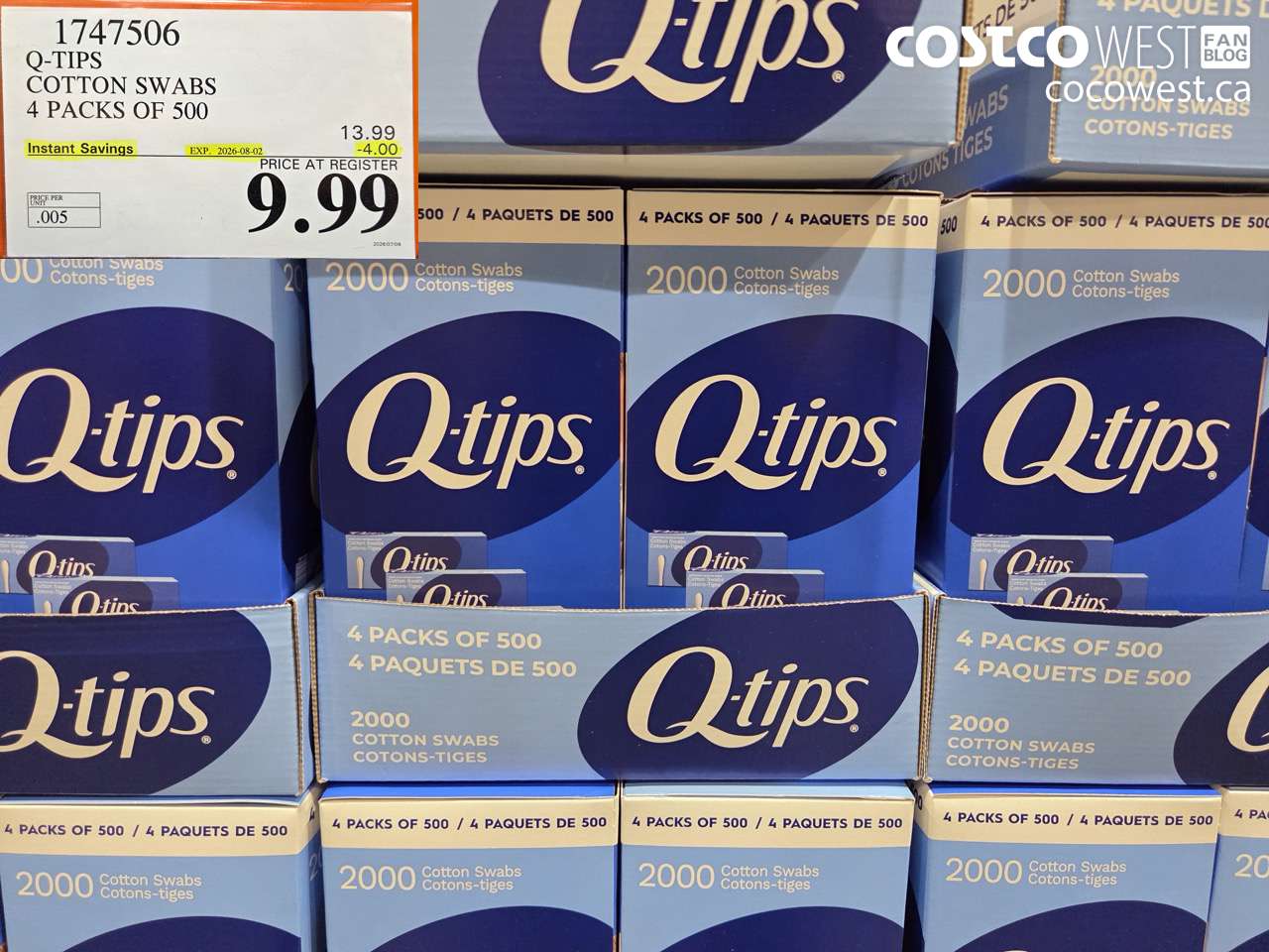 1747506 Q-TIPS COTTON SWABS 4 PACKS OF 500 ($4.00 INSTANT SAVINGS EXPIRES ON 2026-08-02) $9.99