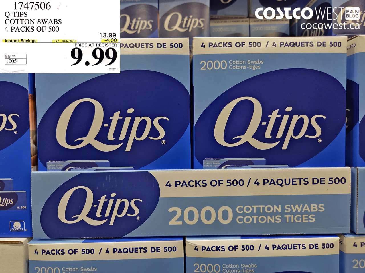 1747506 Q-TIPS COTTON SWABS 4 PACKS OF 500 ($4.00 INSTANT SAVINGS EXPIRES ON 2026-08-02) $9.99