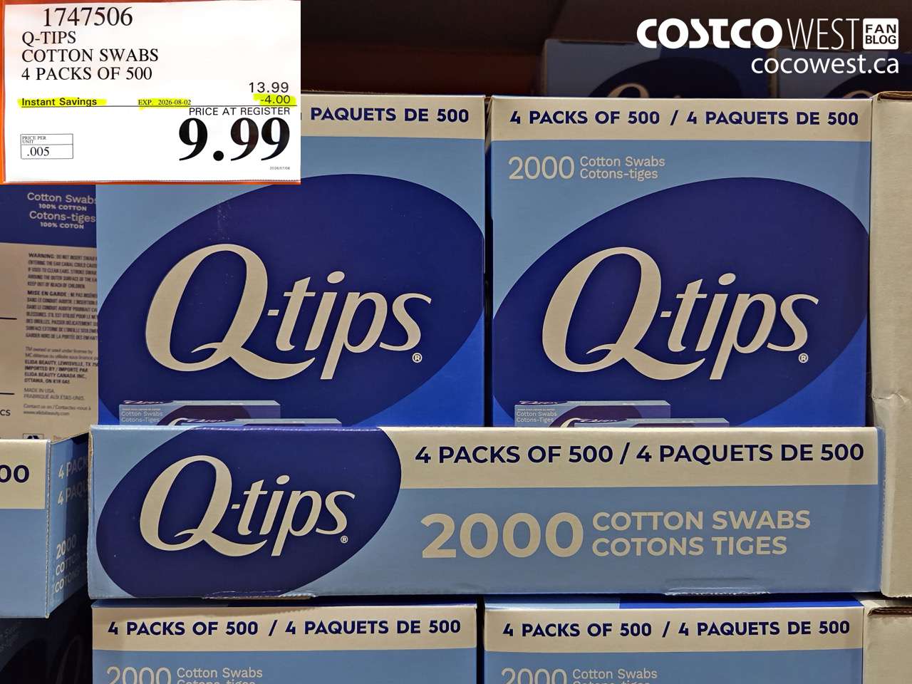 1747506 Q-TIPS COTTON SWABS 4 PACKS OF 500 ($4.00 INSTANT SAVINGS EXPIRES ON 2026-08-02) $9.99