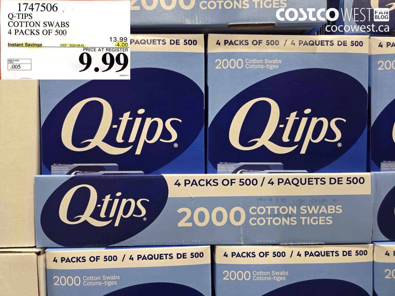 1747506 Q-TIPS COTTON SWABS 4 PACKS OF 500 ($4.00 INSTANT SAVINGS EXPIRES ON 2026-08-02) $9.99