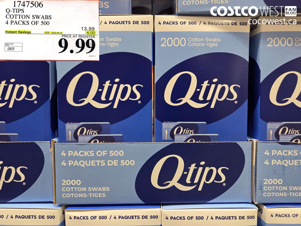 1747506 Q-TIPS COTTON SWABS 4 PACKS OF 500 ($4.00 INSTANT SAVINGS EXPIRES ON 2026-08-02) $9.99