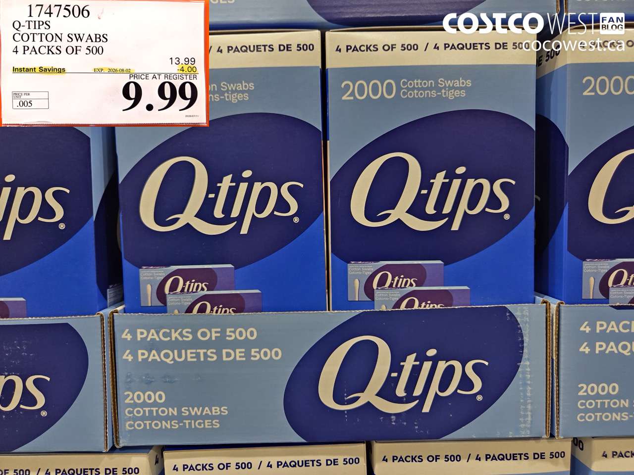 1747506 Q-TIPS COTTON SWABS 4 PACKS OF 500 ($4.00 INSTANT SAVINGS EXPIRES ON 2026-08-02) $9.99