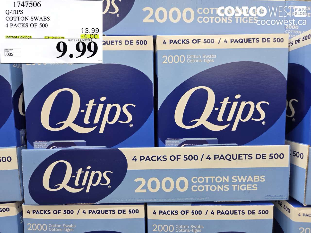 1747506 Q-TIPS COTTON SWABS 4 PACKS OF 500 ($4.00 INSTANT SAVINGS EXPIRES ON 2026-08-02) $9.99