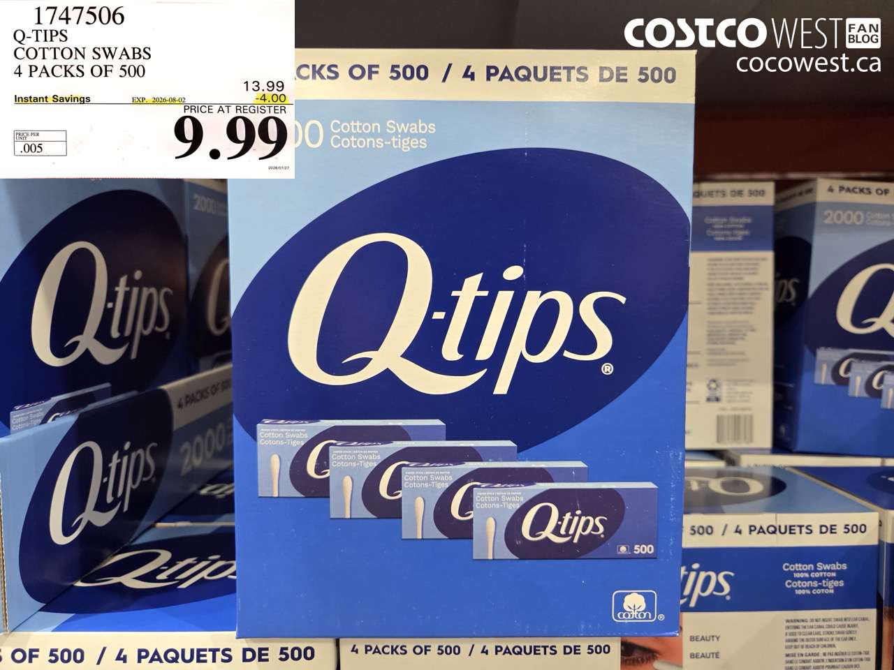 1747506 Q-TIPS COTTON SWABS 4 PACKS OF 500 ($4.00 INSTANT SAVINGS EXPIRES ON 2026-08-02) $9.99