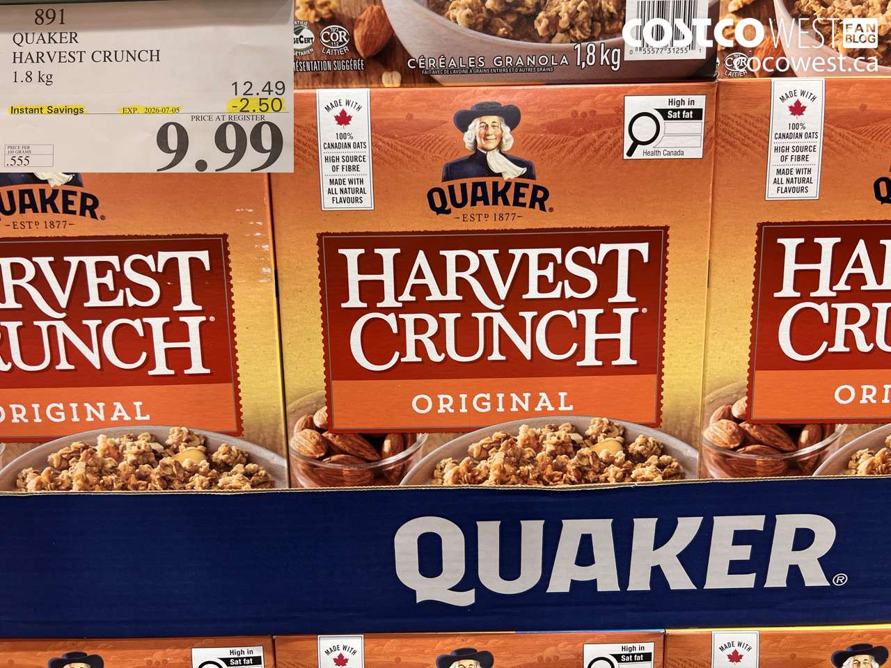 891 QUAKER HARVEST CRUNCH 1.8 KG ($2.50 INSTANT SAVINGS EXPIRES ON 2026-07-05) $9.99