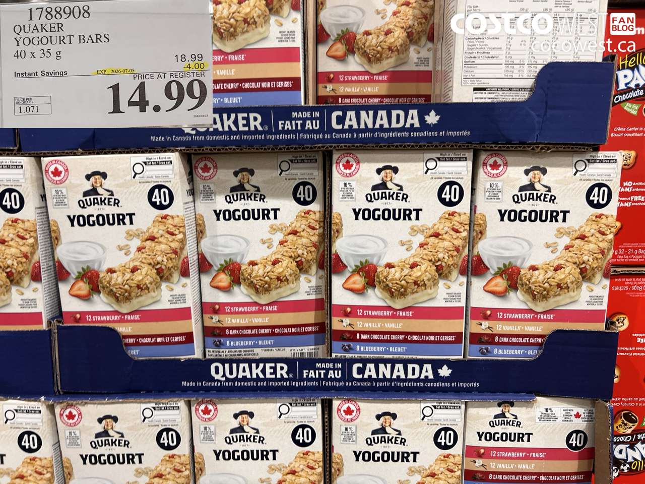 1788908 QUAKER YOGOURT BARS 40 X 35 G ($4.00 INSTANT SAVINGS EXPIRES ON 2026-07-05) $14.99
