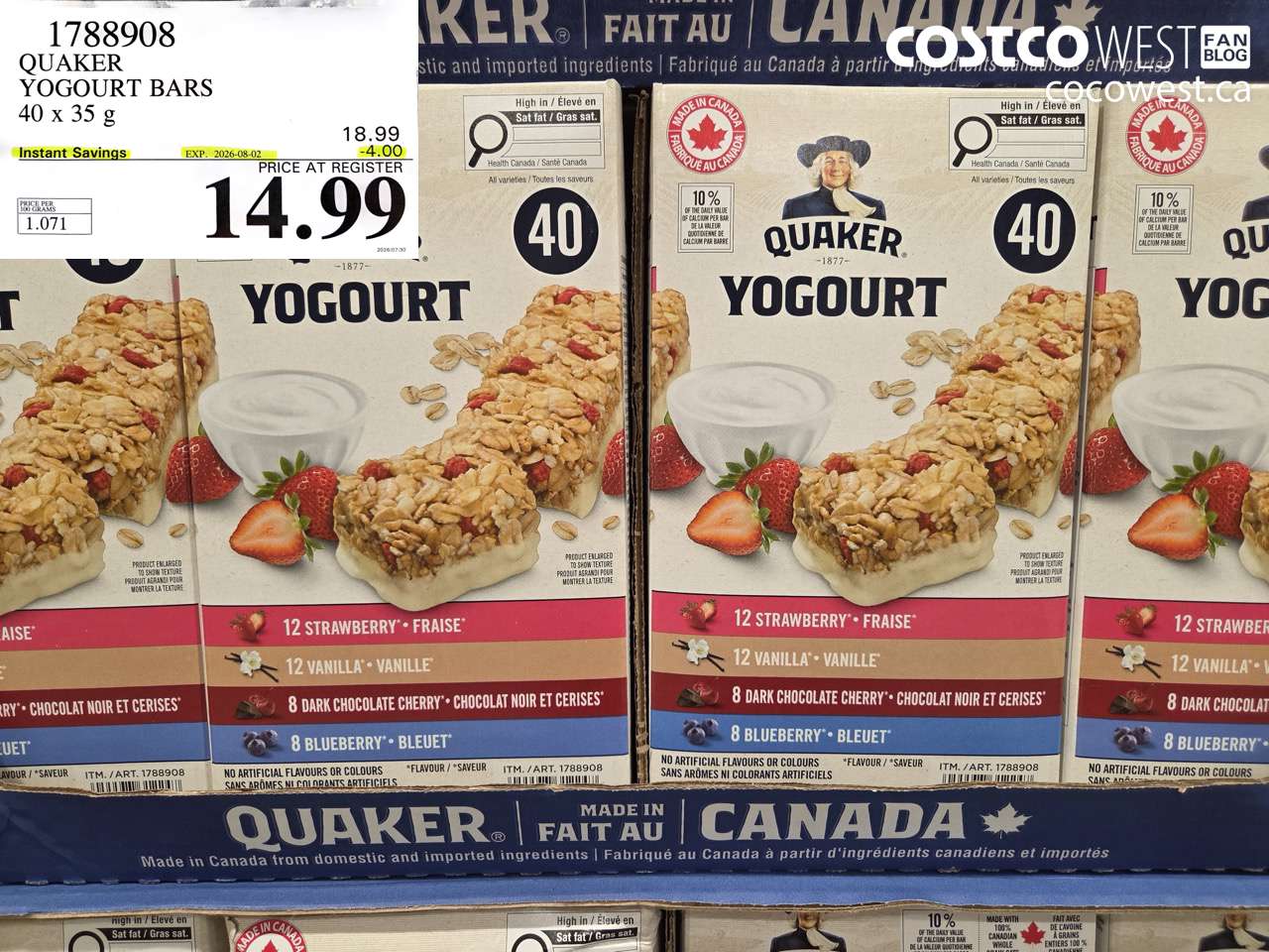 1788908 QUAKER YOGOURT BARS 40 X 35 G ($4.00 INSTANT SAVINGS EXPIRES ON 2026-08-02) $14.99