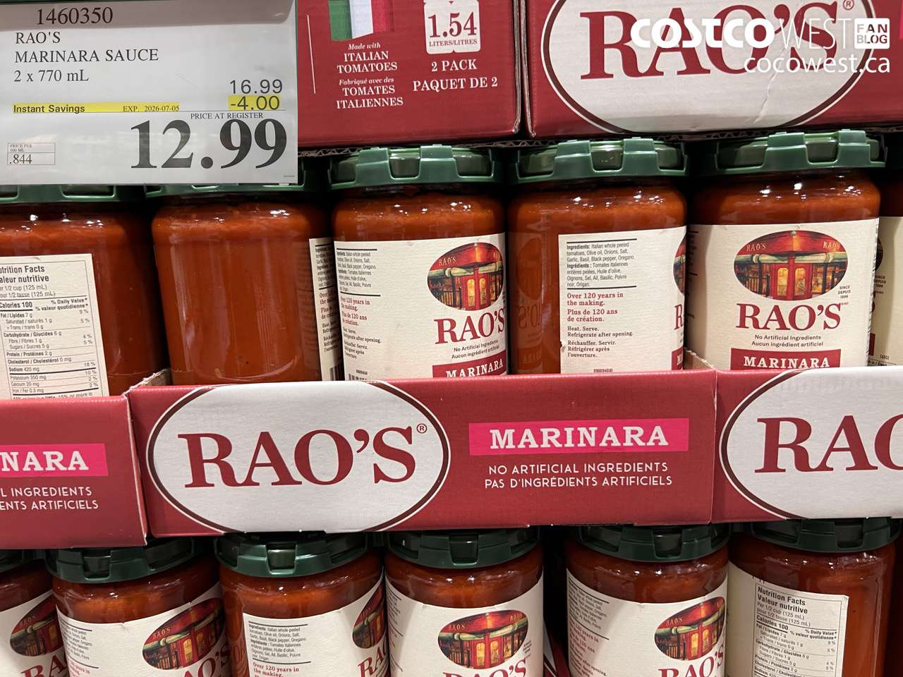 1460350 RAO'S MARINARA SAUCE 2 X 770 ML ($4.00 INSTANT SAVINGS EXPIRES ON 2026-07-05) $12.99