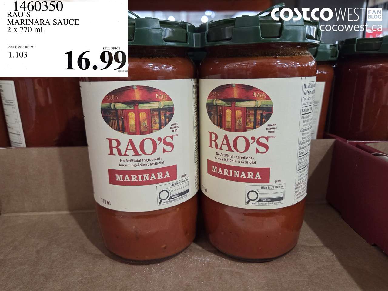 1460350 RAO'S MARINARA SAUCE 2 X 770 ML $16.99