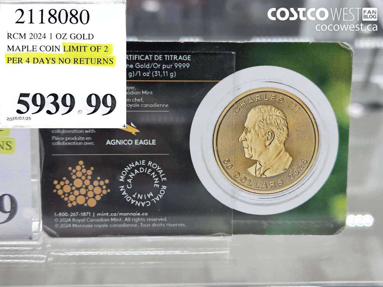2118080 RCM 2024 1 OZ GOLD MAPLE COIN LIMIT OF 2 PER 4 DAYS NO RETURNS $5939.99