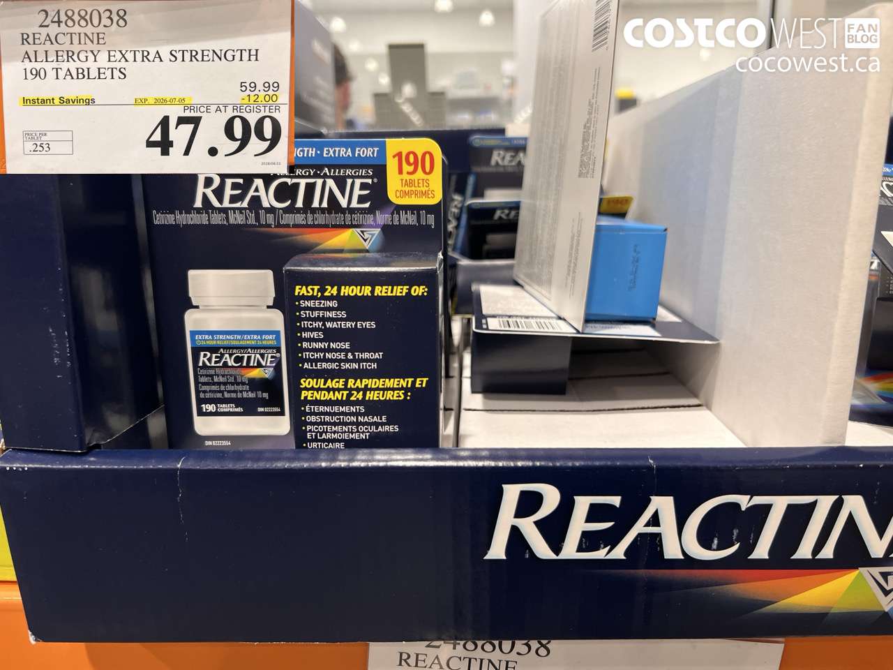 2488038 REACTINE ALLERGY EXTRA STRENGTH 190 TABLETS ($12.00 INSTANT SAVINGS EXPIRES ON 2026-07-05) $47.99