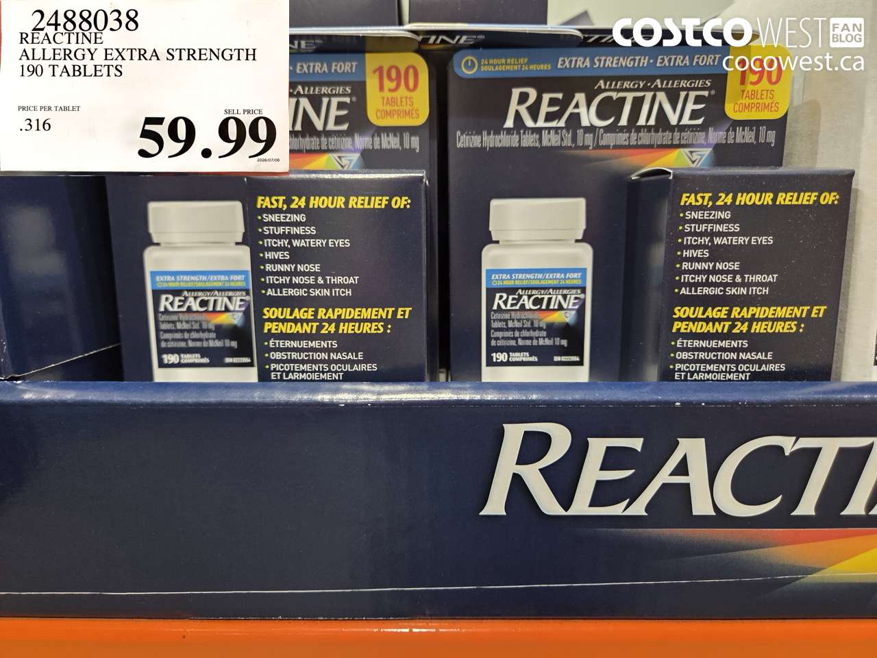 2488038 REACTINE ALLERGY EXTRA STRENGTH 190 TABLETS $59.99