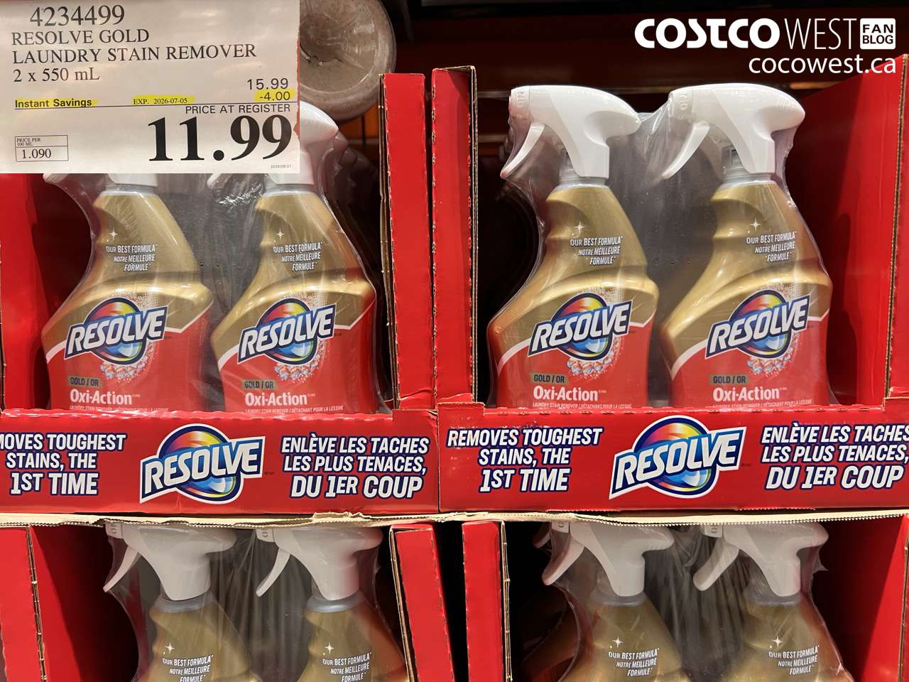 4234499 RESOLVE GOLD LAUNDRY STAIN REMOVER 2 X 550 ML ($4.00 INSTANT SAVINGS EXPIRES ON 2026-07-05) $11.99